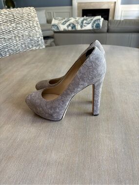 Brian Atwood 9 Savita Tan Floral Suede Glitter Platform Slip On Heel Shoes EUC